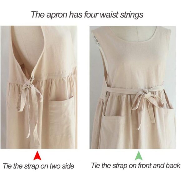 Women Plus Size Cotton Linen Vintage Pleated Split Apron Pinafore Dress with Two - Picture 8 of 9